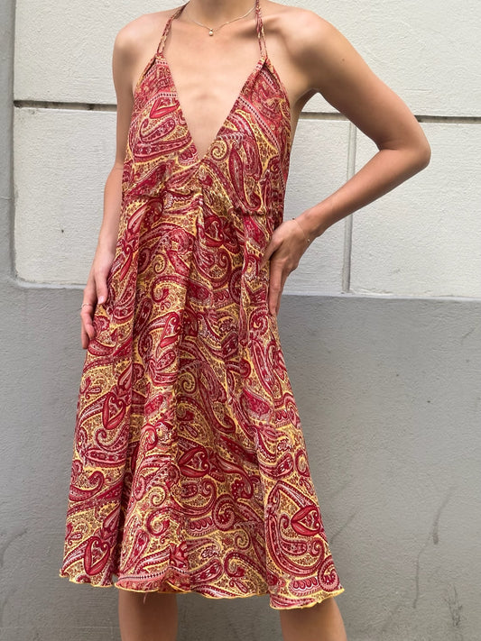 Paisley Low Back Knee Length Dress Red/Yellow S/M