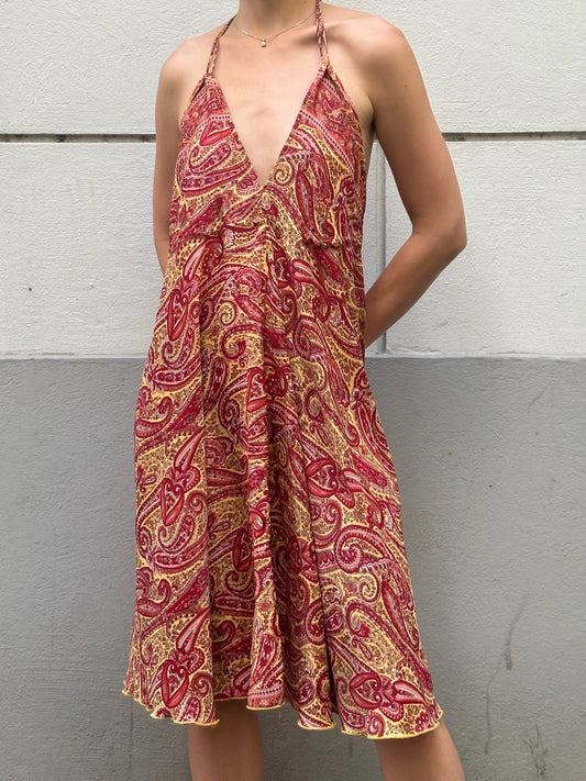 Paisley Low Back Knee Length Dress Red/Yellow S/M