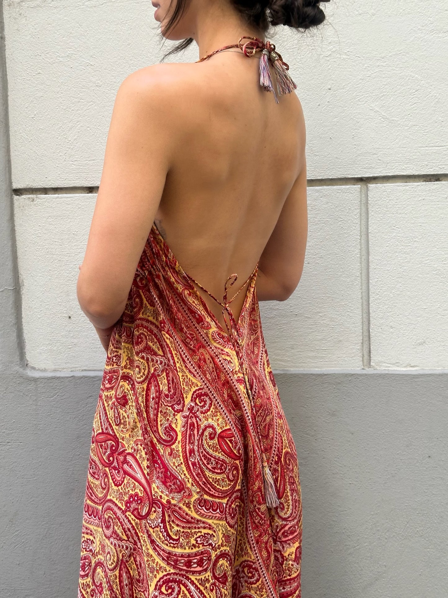 Paisley Low Back Knee Length Dress Red/Yellow S/M