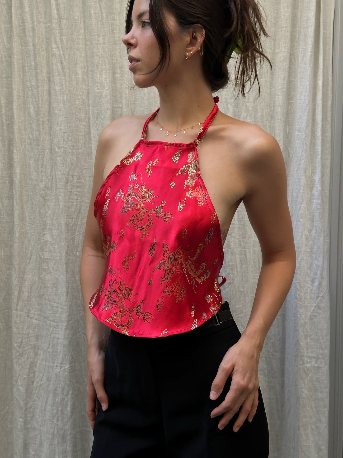 Vintage Upycled 100% Silk Asian/Oriental Halter Top Red XS/S