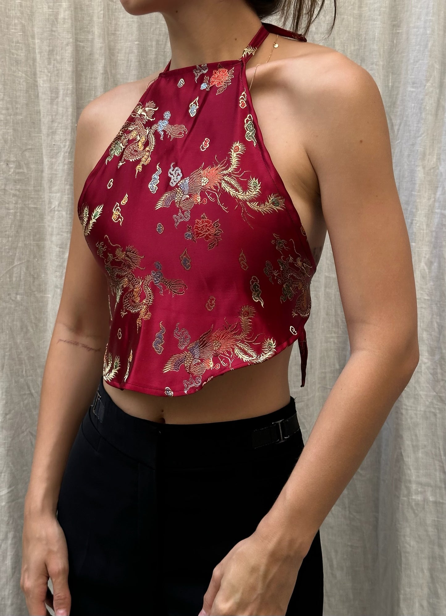 Vintage Upycled 100% Silk Asian/Oriental Halter Top Dark Red S
