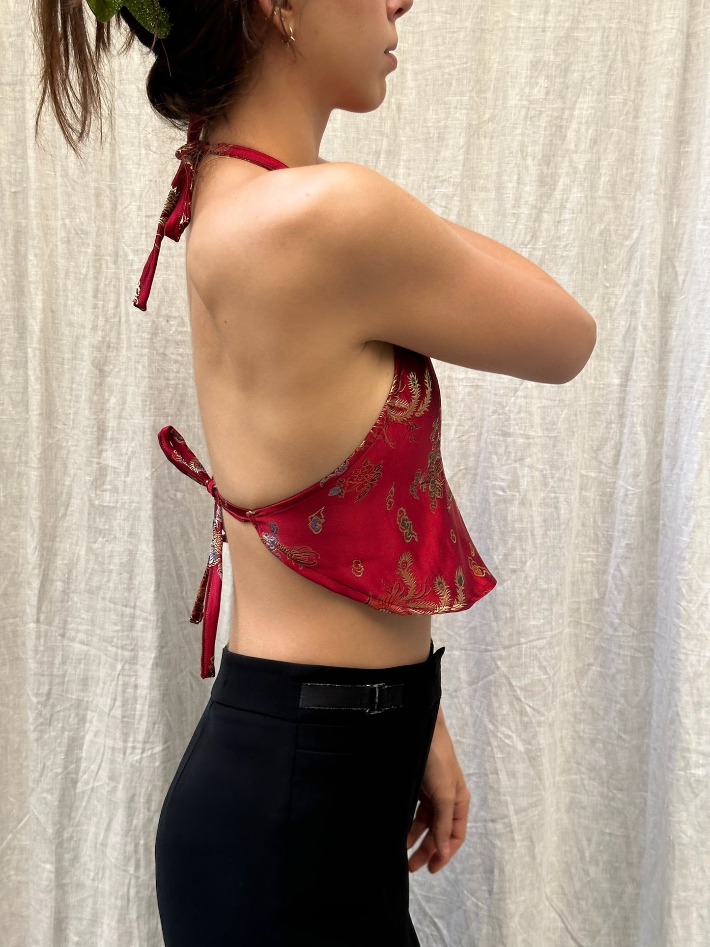 Vintage Upycled 100% Silk Asian/Oriental Halter Top Dark Red S
