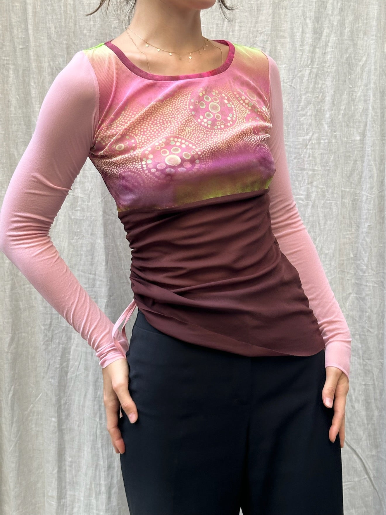 Vintage Y2K Mesh Pink/Maroon Long Sleeve Top S