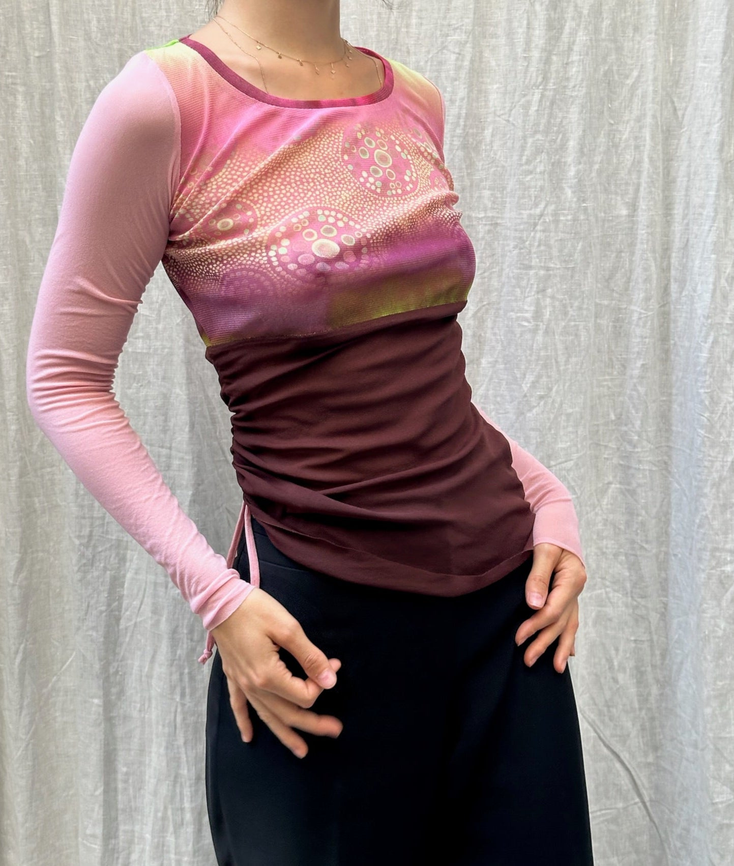 Vintage Y2K Mesh Pink/Maroon Long Sleeve Top S