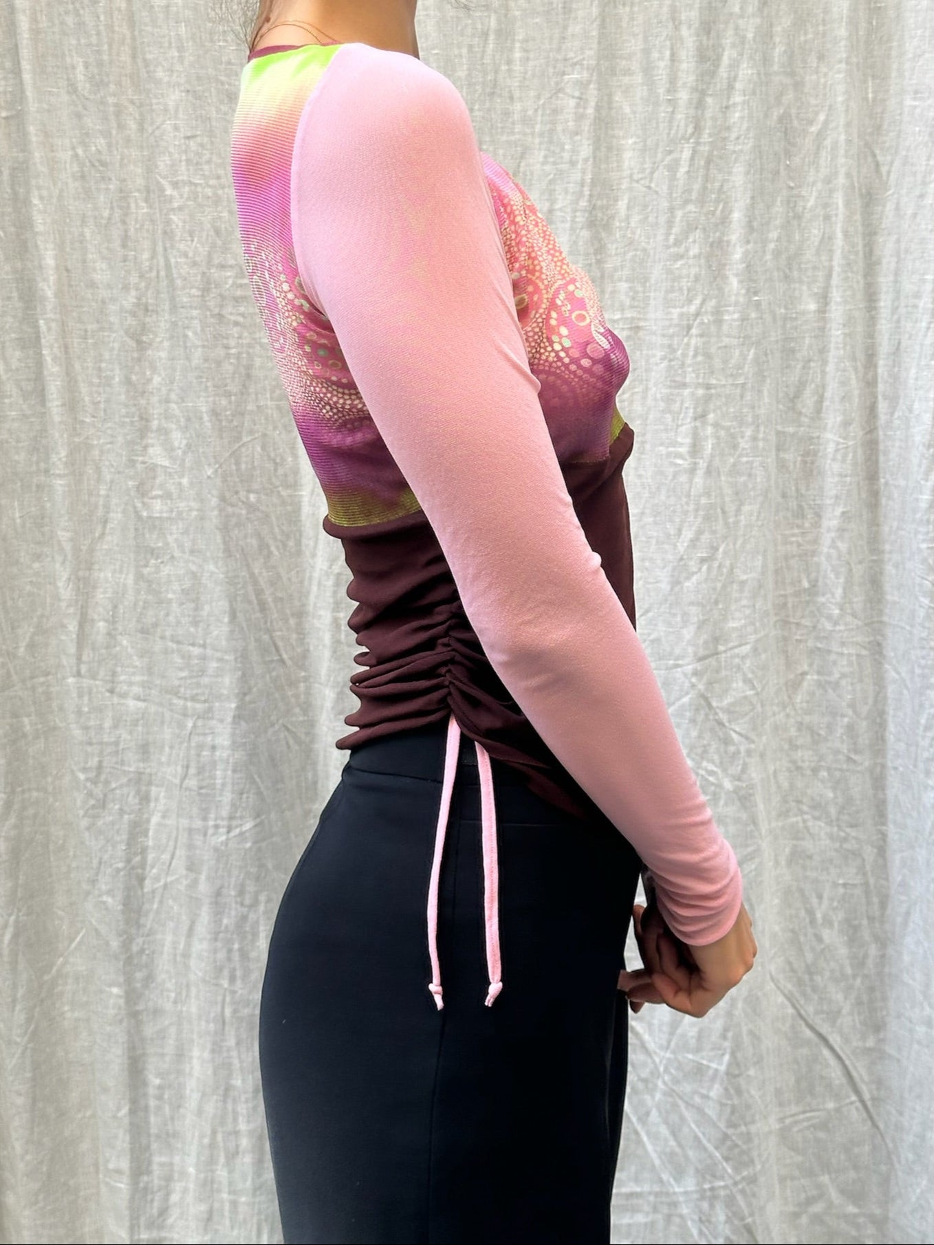 Vintage Y2K Mesh Pink/Maroon Long Sleeve Top S