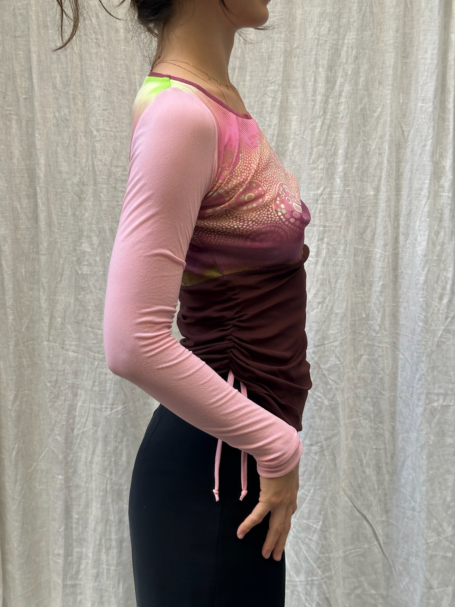 Vintage Y2K Mesh Pink/Maroon Long Sleeve Top S