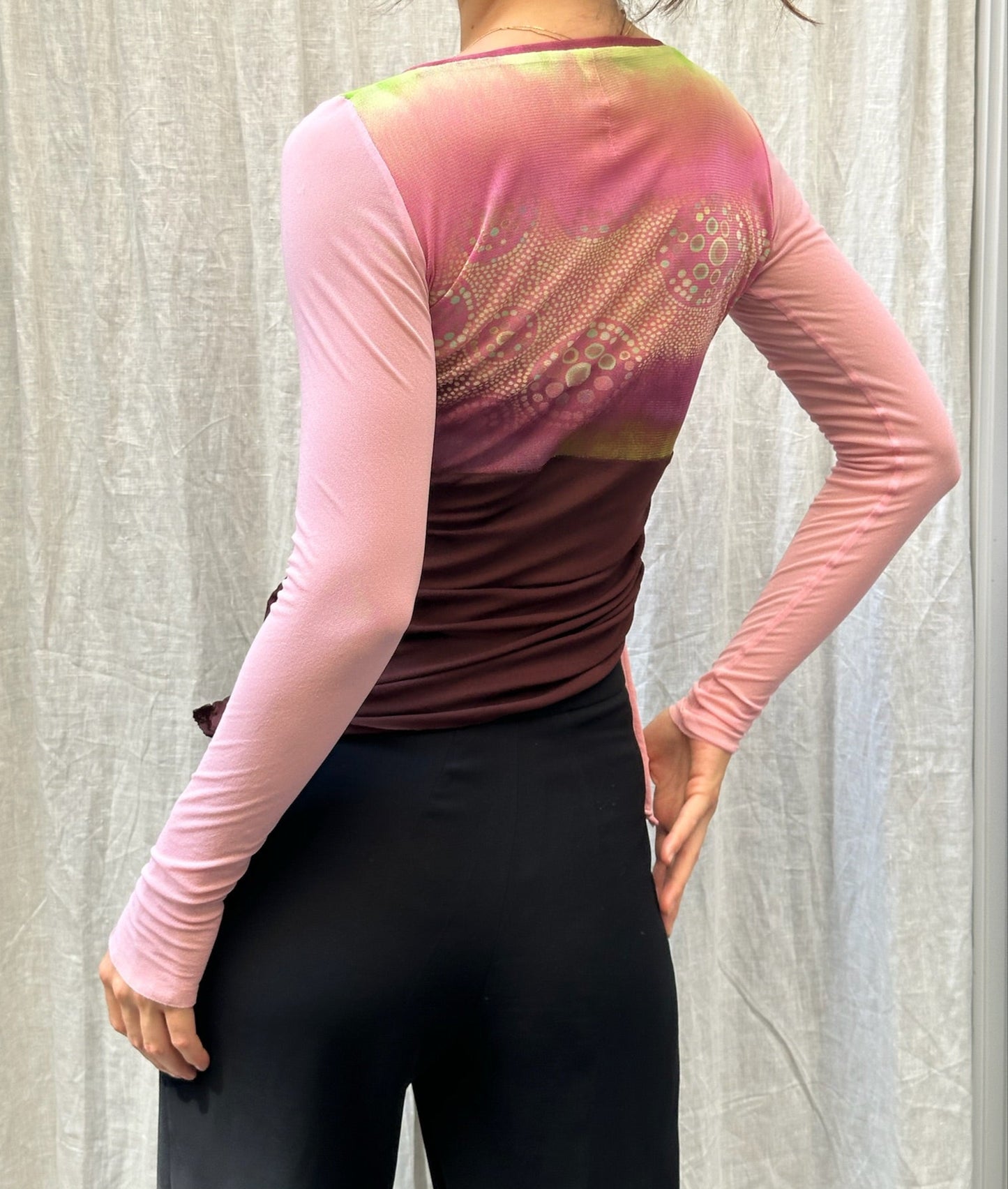 Vintage Y2K Mesh Pink/Maroon Long Sleeve Top S