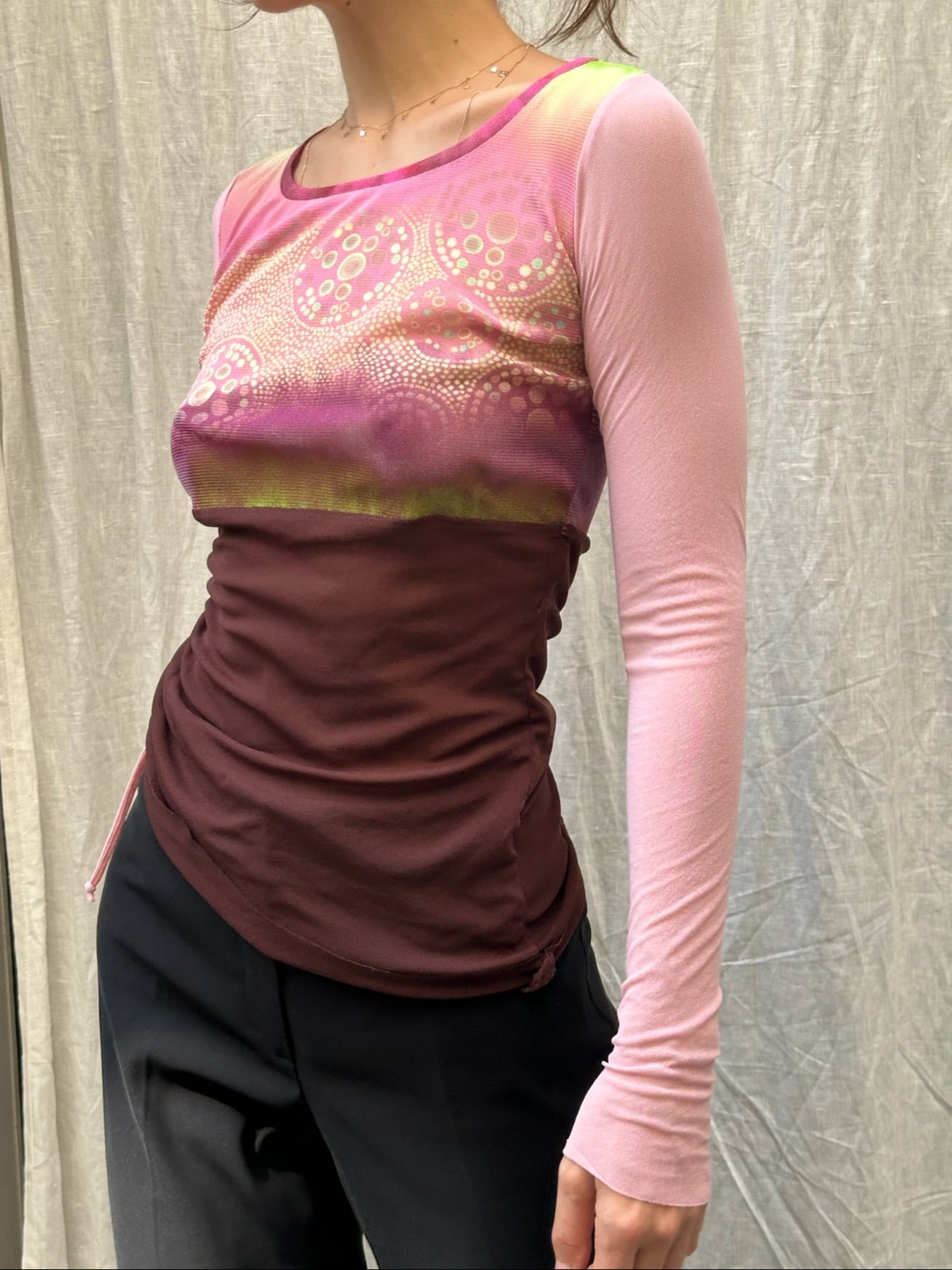 Vintage Y2K Mesh Pink/Maroon Long Sleeve Top S