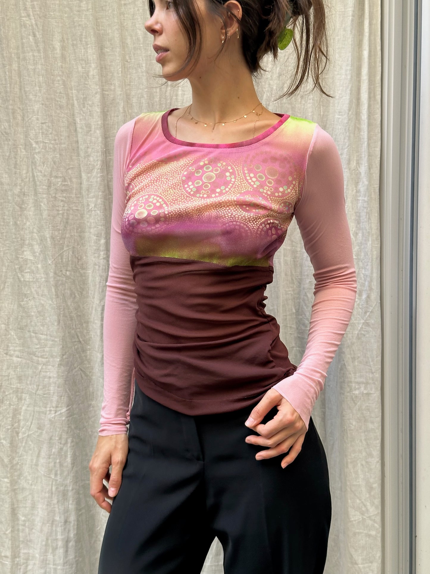 Vintage Y2K Mesh Pink/Maroon Long Sleeve Top S