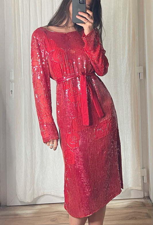 Vintage 100% Silk Belted Red Low Back Midi Dress M