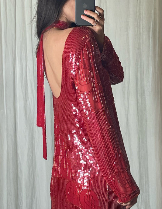 Vintage 100% Silk Belted Red Low Back Midi Dress M
