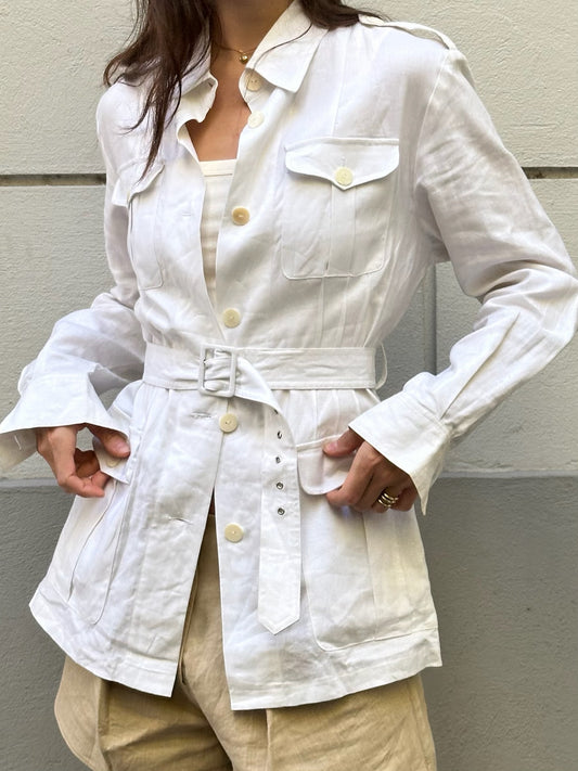 Vintage 100% Linen White Belted Safari Jacket S/M