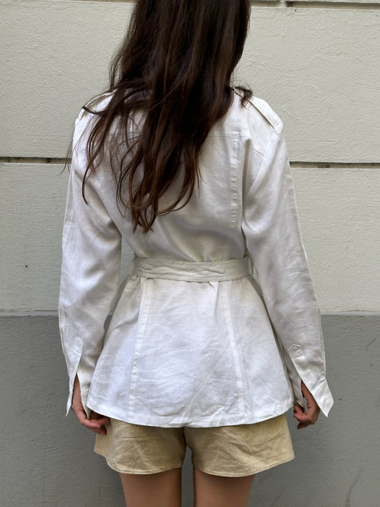 Vintage 100% Linen White Belted Safari Jacket S/M