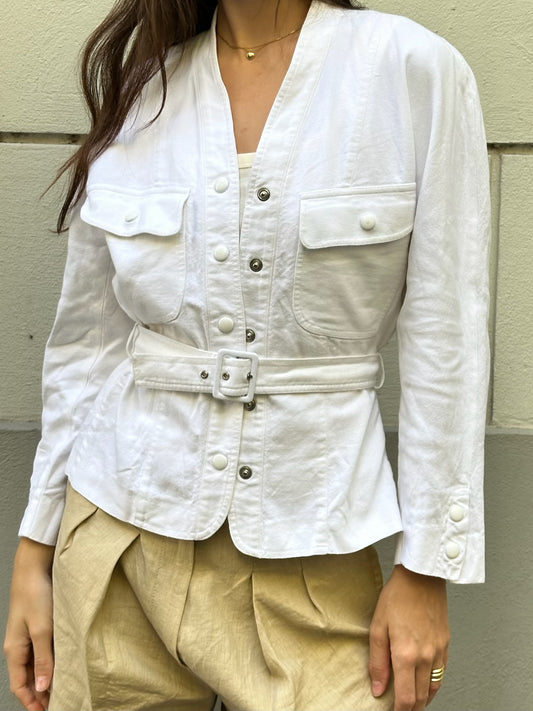Vintage White Cotton Belted Jacket S