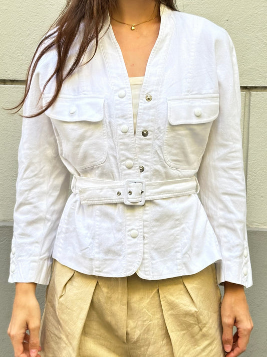 Vintage White Cotton Belted Jacket S