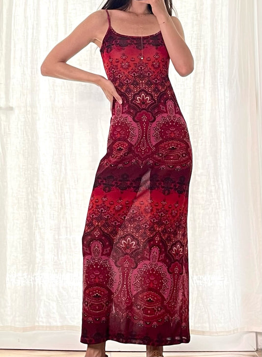 Vintage Y2K Red Printed Maxi Dress S