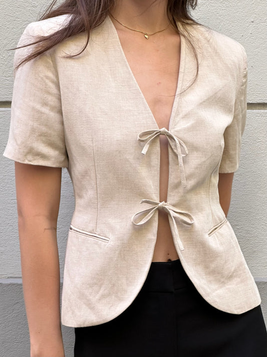 Vintage Oatmeal Linen Viscose Blend Tie Front Structured Top S