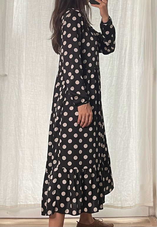 Black & White Polka Dot Long Sleeve Maxi Dress S