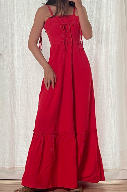 Vintage 100% Cotton Red Lace Up Front Maxi Dress XS