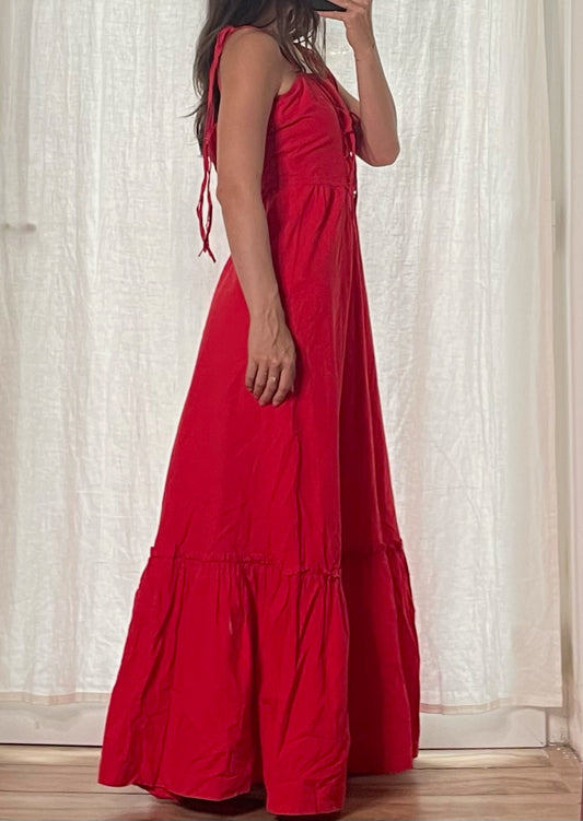 Vintage 100% Cotton Red Lace Up Front Maxi Dress XS