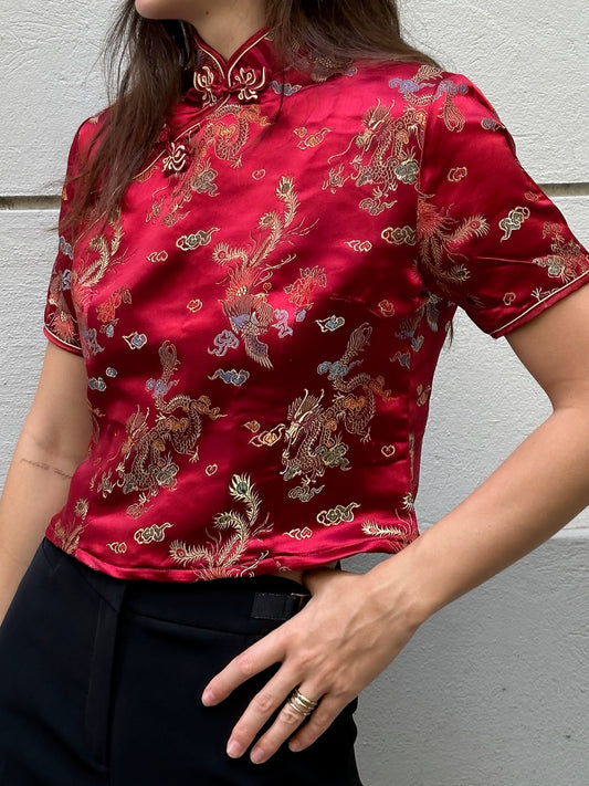 Vintage Asian/Oriental Red Silk Top S