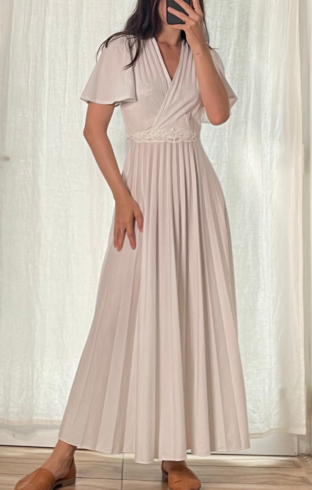 Vintage Pleated White Maxi Gown Dress S