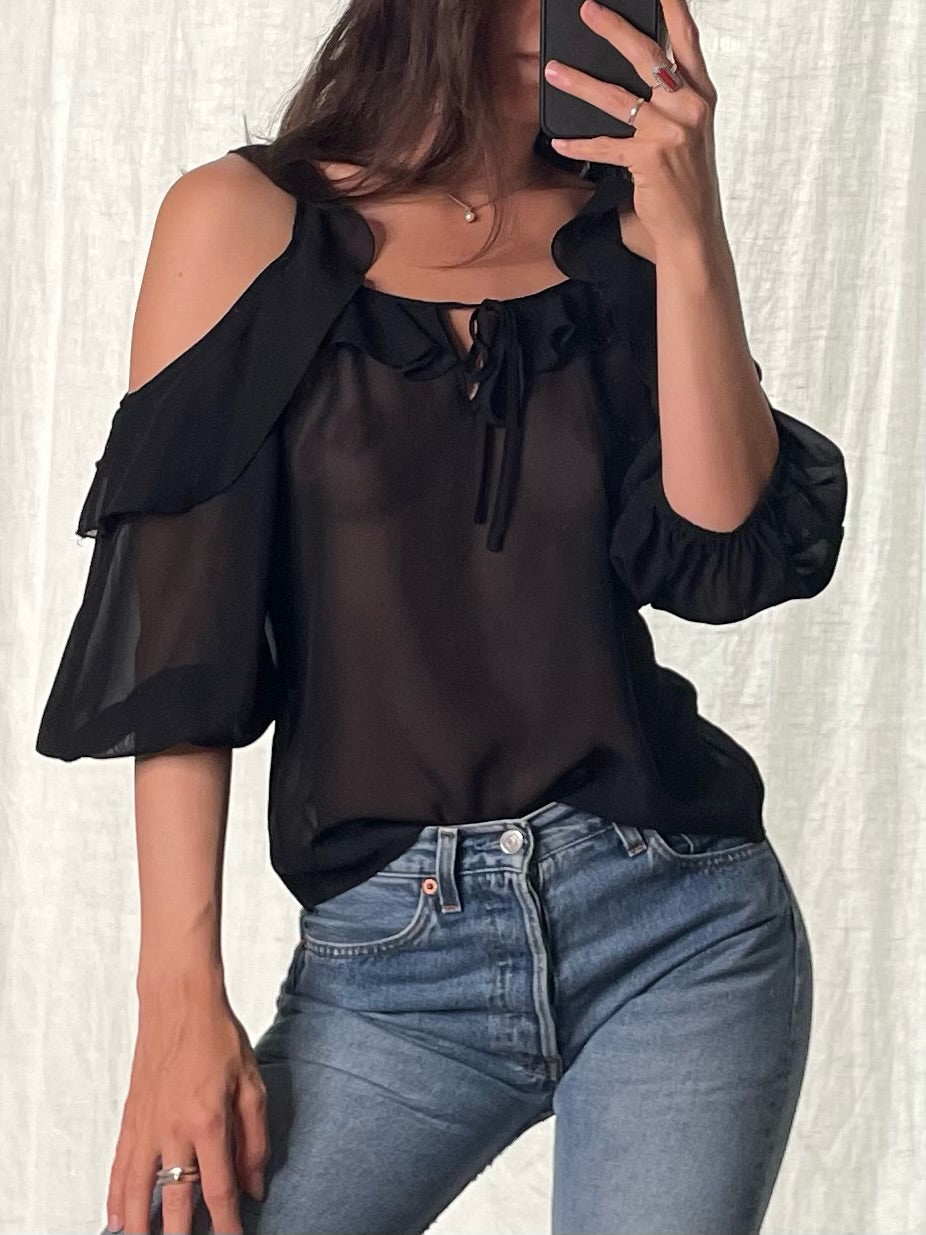 Black Cut Out Shoulder Ruffle Blouse XS/S