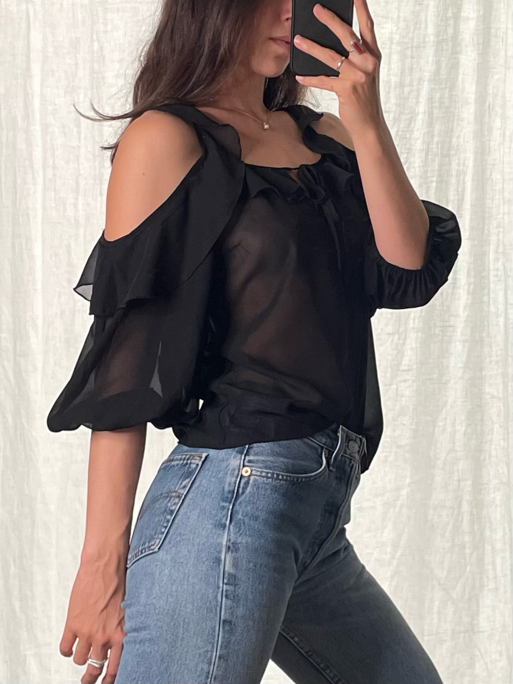 Black Cut Out Shoulder Ruffle Blouse XS/S