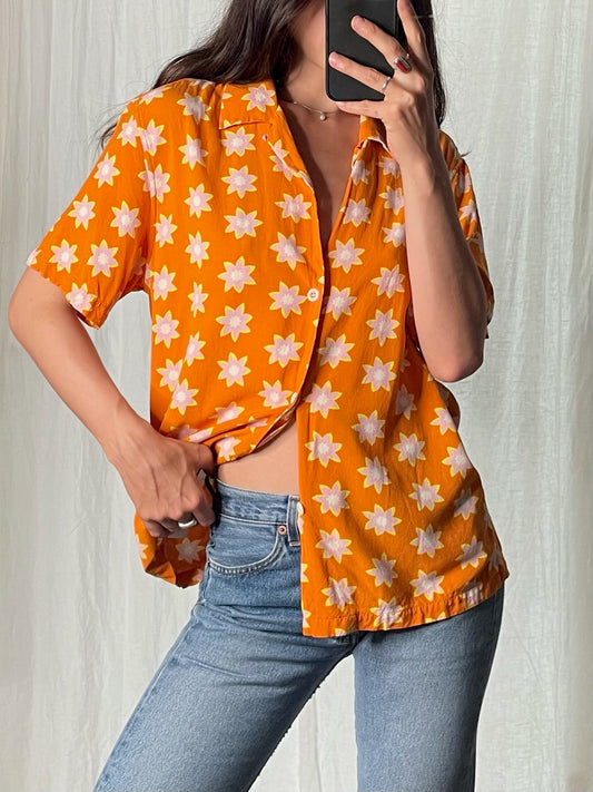 SANDRO 100% Viscose Button Down Orange Floral Print Shirt M