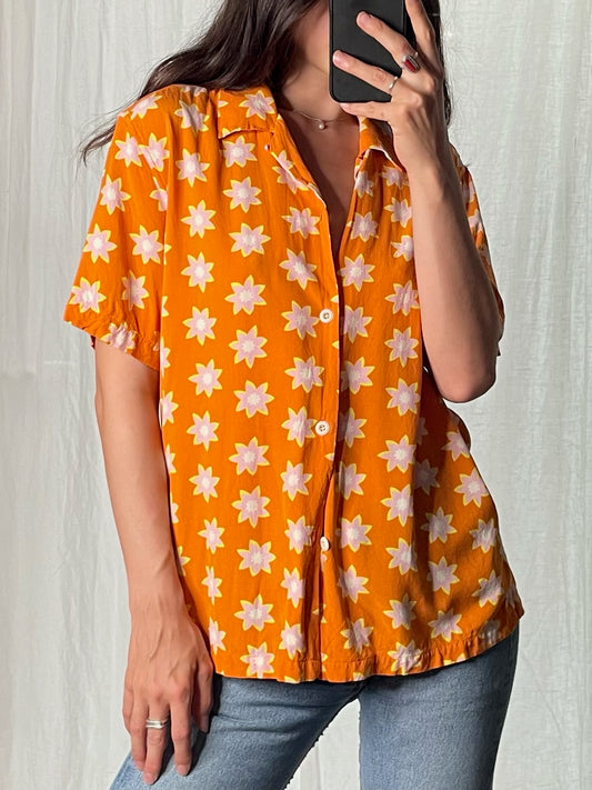 SANDRO 100% Viscose Button Down Orange Floral Print Shirt M