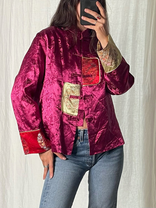 Vintage Fuchsia/Red Asian Oriental Satin Jacket M