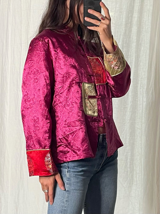 Vintage Fuchsia/Red Asian Oriental Satin Jacket M