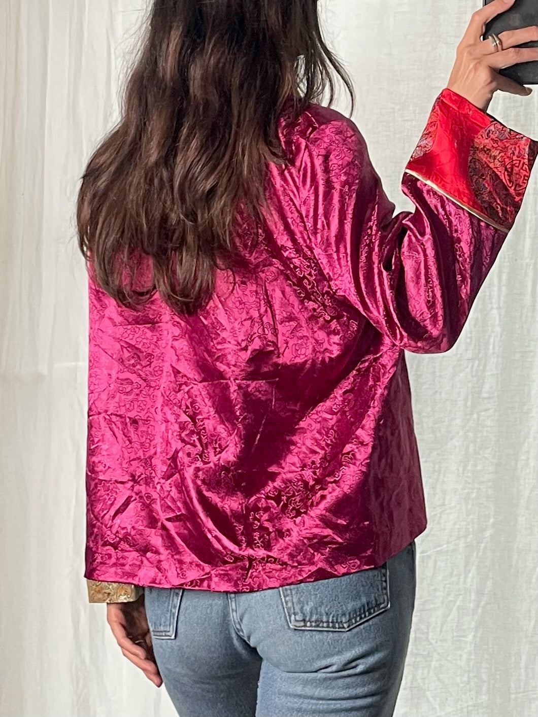 Vintage Fuchsia/Red Asian Oriental Satin Jacket M