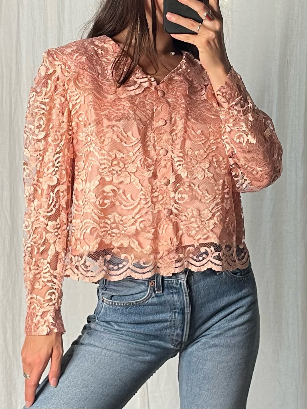 Vintage Peach Lace Oversized Collar Jacket Top M