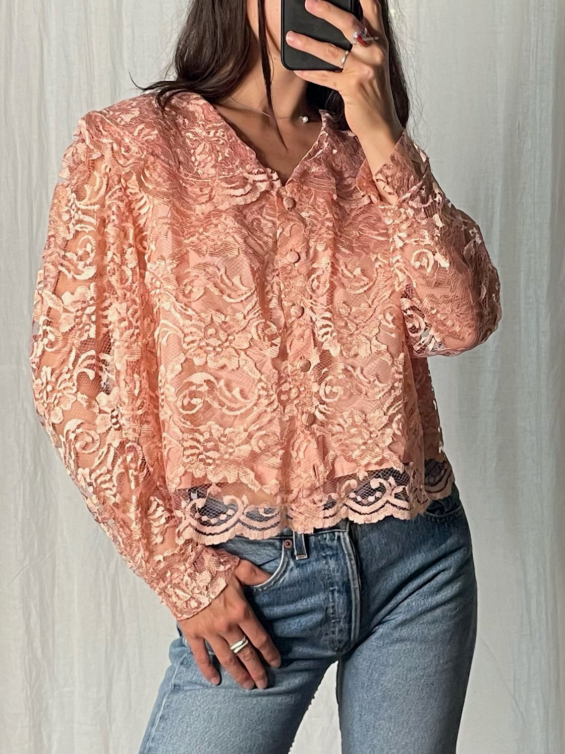 Vintage Peach Lace Oversized Collar Jacket Top M