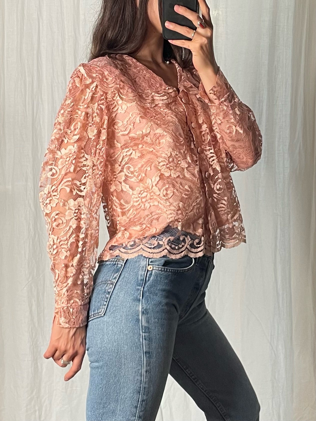 Vintage Peach Lace Oversized Collar Jacket Top M