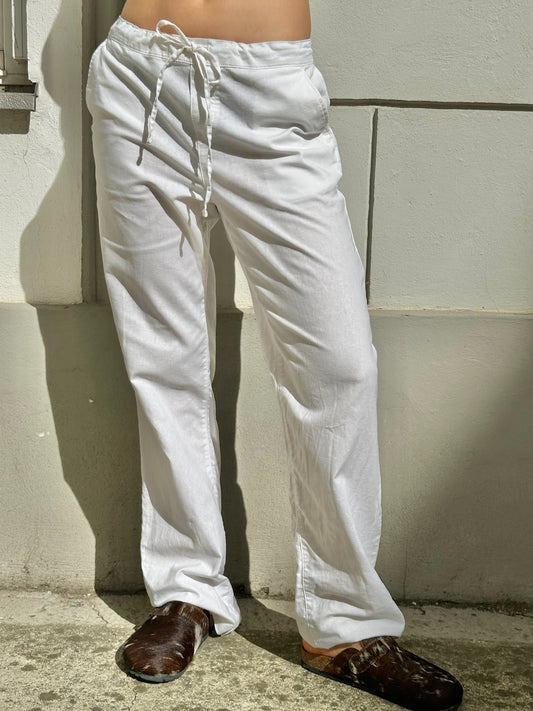 Vintage Cotton Drawstring Extra Long White Trousers M