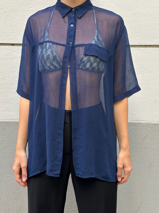 Vintage Blue Sheer Button Back Open Front Blouse M