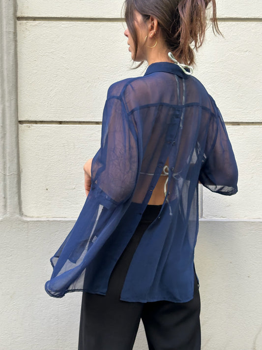Vintage Blue Sheer Button Back Open Front Blouse M