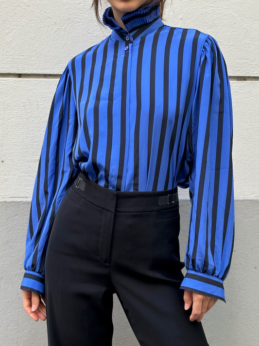 Vintage Blue & Black Stripe Ruffled Hem Long Sleeve Button Down Blouse S/M