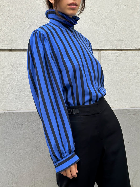 Vintage Blue & Black Stripe Ruffled Hem Long Sleeve Button Down Blouse S/M