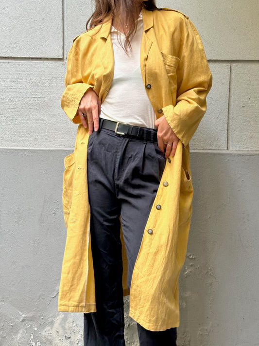 Vintage Linen Mustard Yellow Long Coat Jacket M