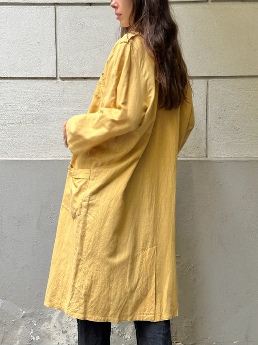 Vintage Linen Mustard Yellow Long Coat Jacket M