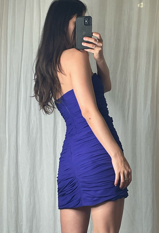Vintage Blue/Purple Ruched Silk Strapless Mini Dress XS/S