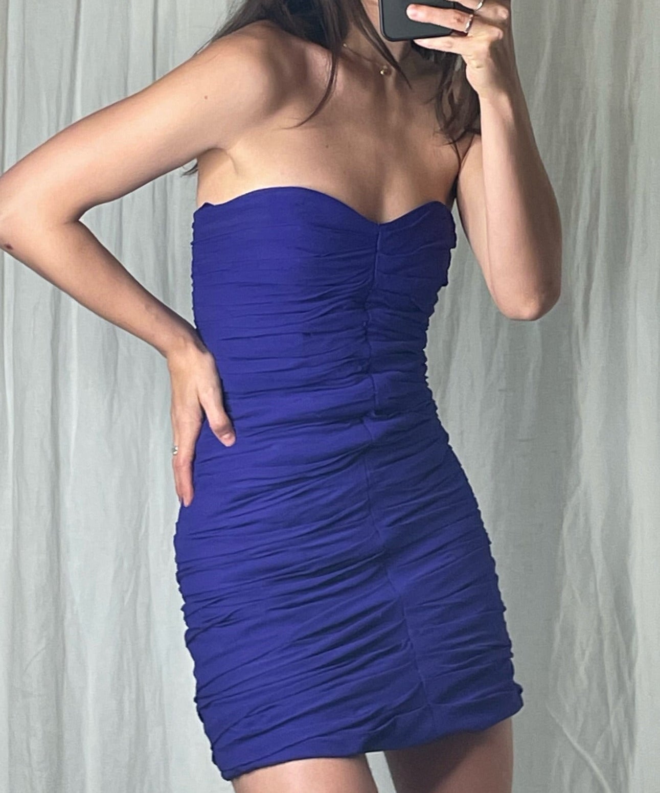 Vintage Blue/Purple Ruched Silk Strapless Mini Dress XS/S