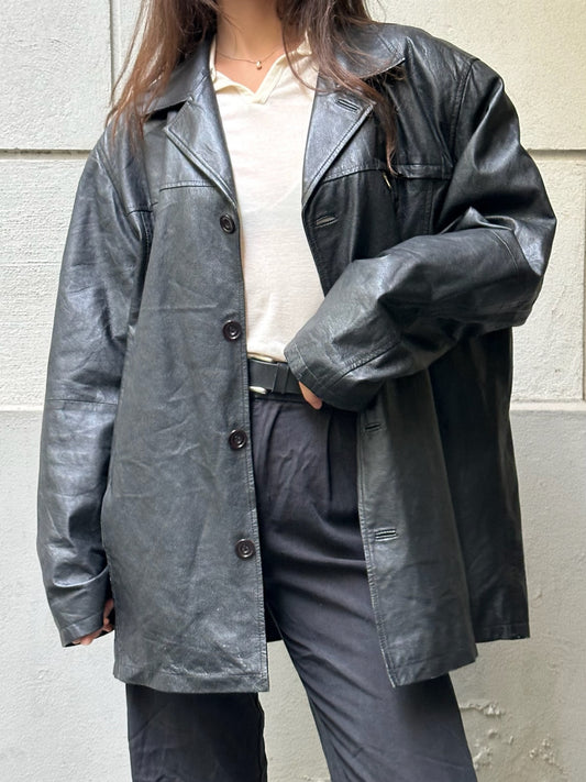 Vintage 100% Genuine Leather Blazer Black Jacket L/XL
