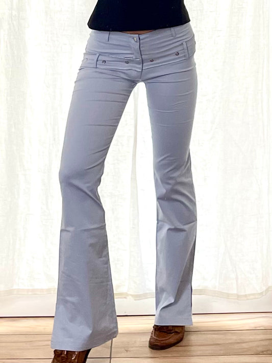 Vintage Y2K Cotton Blend Light Baby Blue Zipper Detail Low Waisted Flared Trousers XS/S EU 34