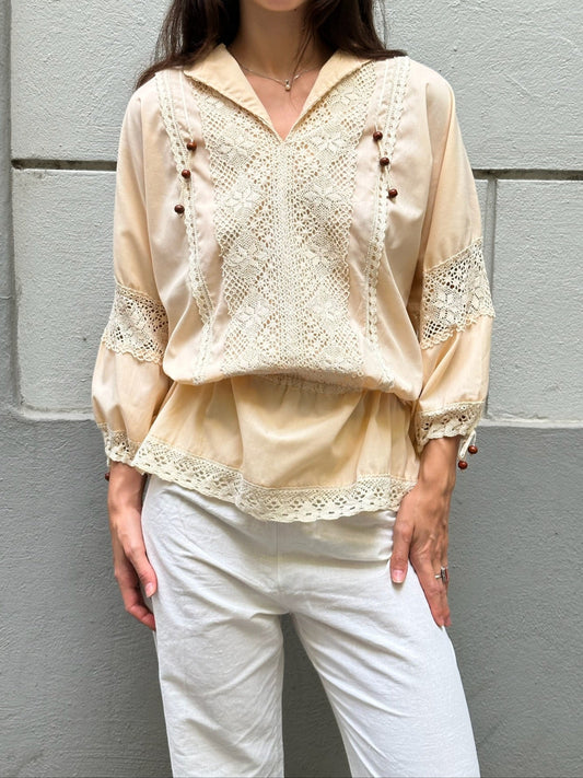 Vintage Baby Peach White Embroidered Blouse M/L