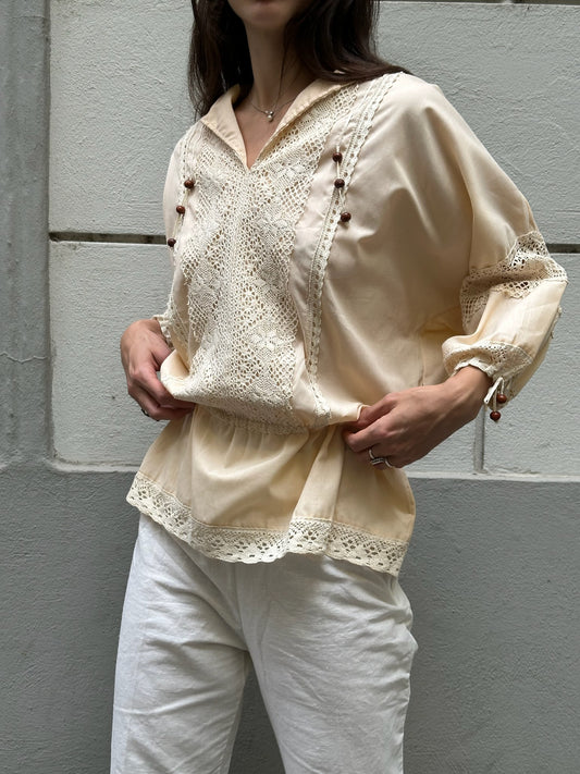 Vintage Baby Peach White Embroidered Blouse M/L
