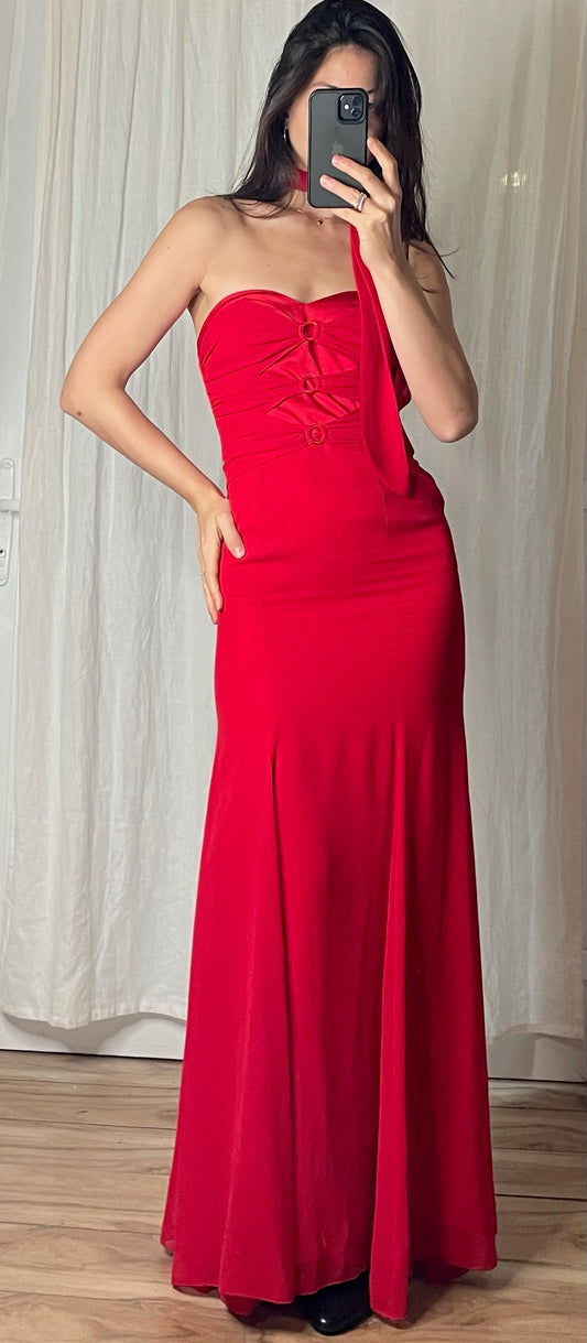 Vintage Cherry Red Strapless Maxi Gown Dress S